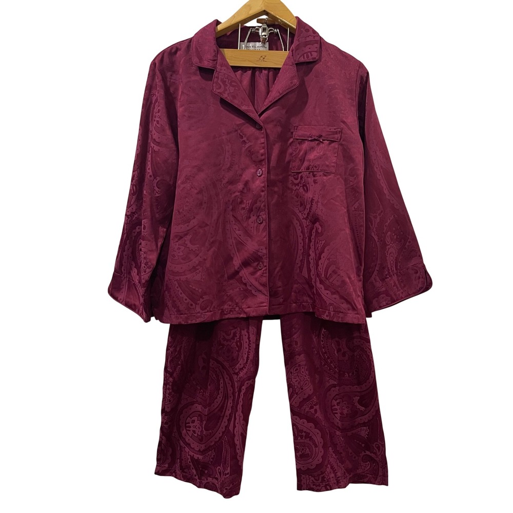 NEW Miss Elaine Pajama Set Womens PL Burgundy Paisley Jacquard 2pc Sleepwear
